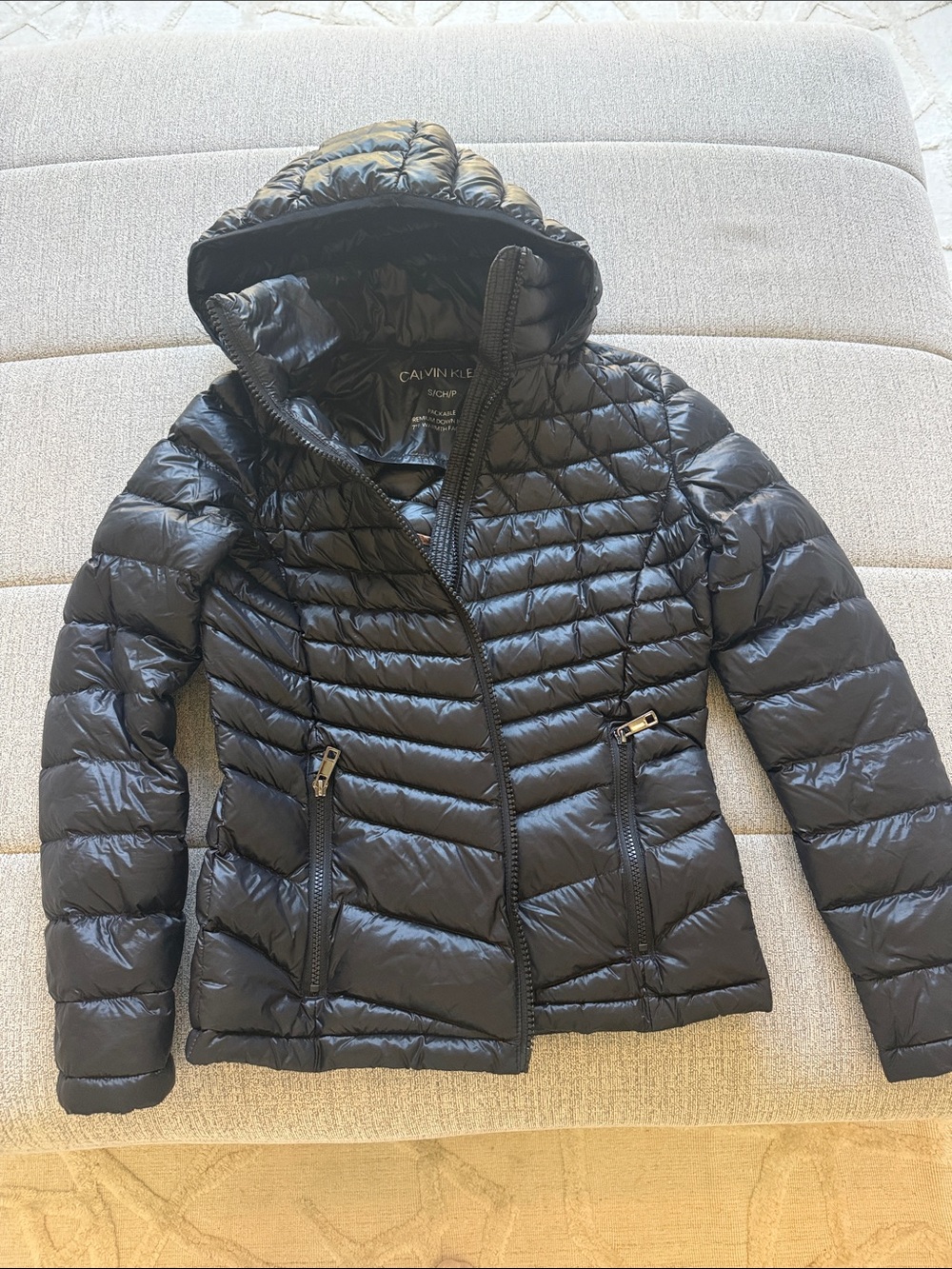 Calvin Klein Shiny Black Quilted Hooded Puffer Jacket - Women